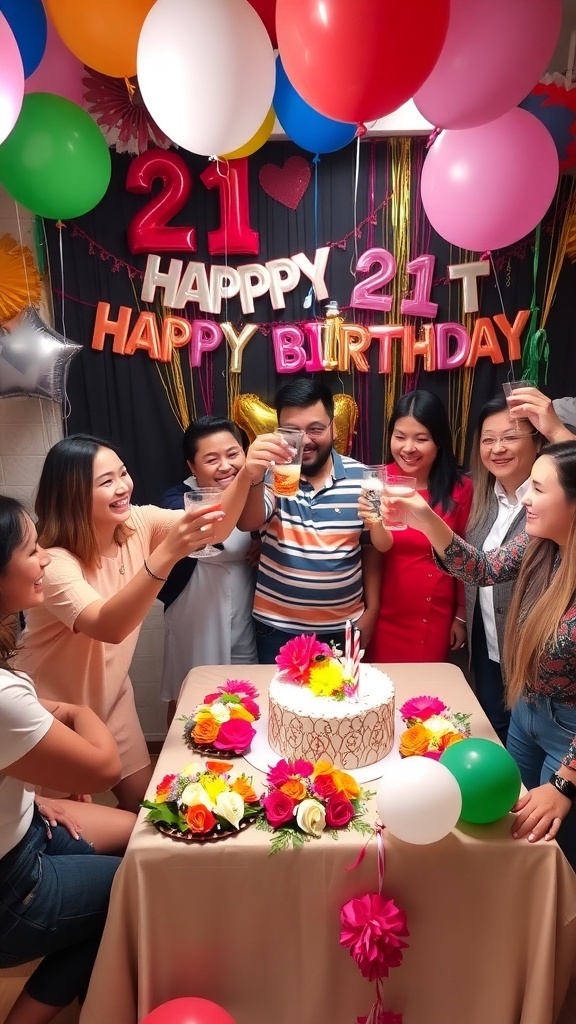 Heartfelt 21st Birthday Toast Friends celebrating a 21st birthday with a toast, surrounded by decorations and a birthday cake.